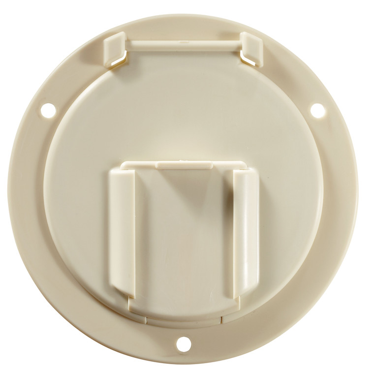 RV Designer B132 Round Low Profile Cable Hatch - Colonial White, 4.6" x 2.6" - B132