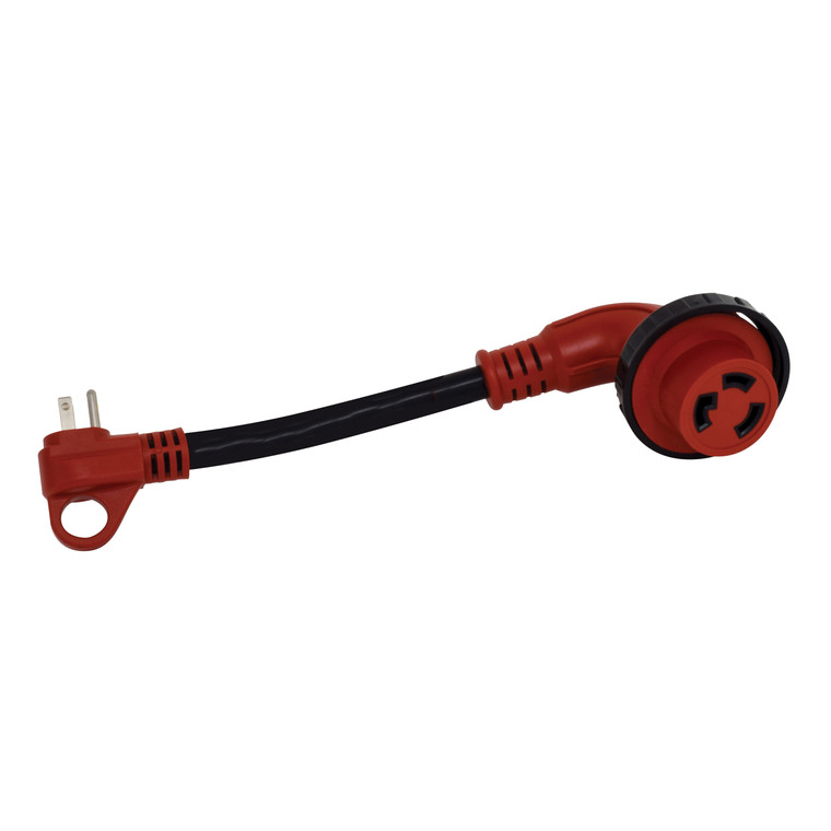 Valterra A10-1530D90VP Mighty Cord 90° Detachable 12" Locking LED Adapter Cord with Handle - 15AM to 30AF, Red (Carded) - A10-1530D90VP