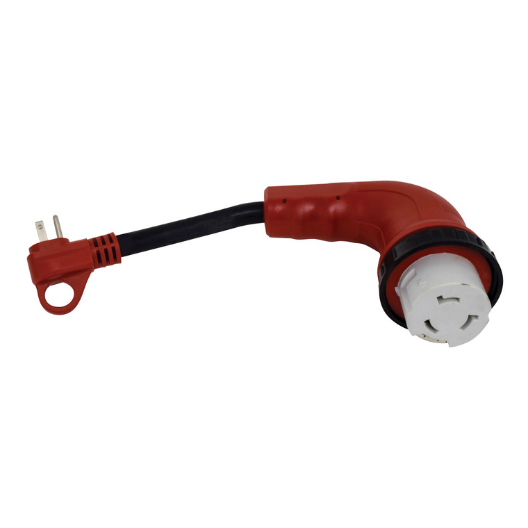Valterra A10-1550D90VP Mighty Cord 90° Detachable 12" Locking LED Adapter Extension with Handle - 15AM to 50AF, Red (Carded) - A10-1550D90VP