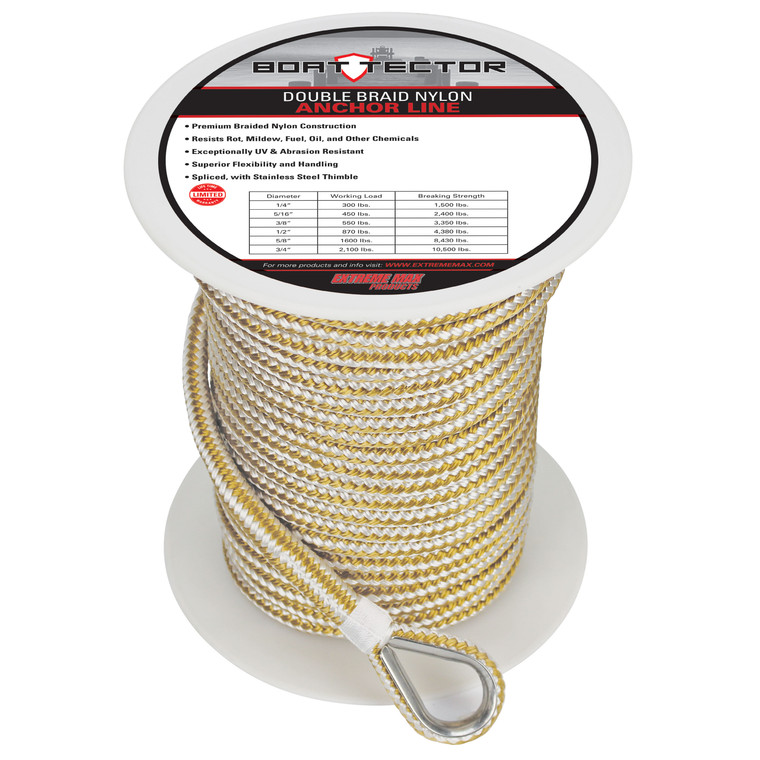 Extreme Max 3006.2246 BoatTector Premium Double Braid Nylon Anchor Line with Thimble - 3/8" x 150', White & Gold - 3006.2246