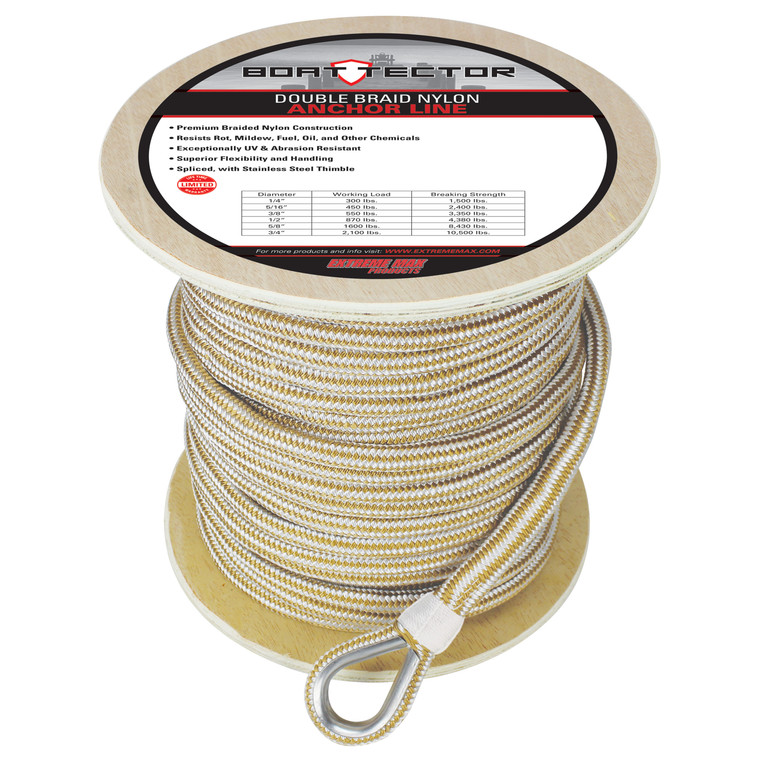 Extreme Max 3006.2276 BoatTector Premium Double Braid Nylon Anchor Line with Thimble - 5/8" x 250', White & Gold - 3006.2276