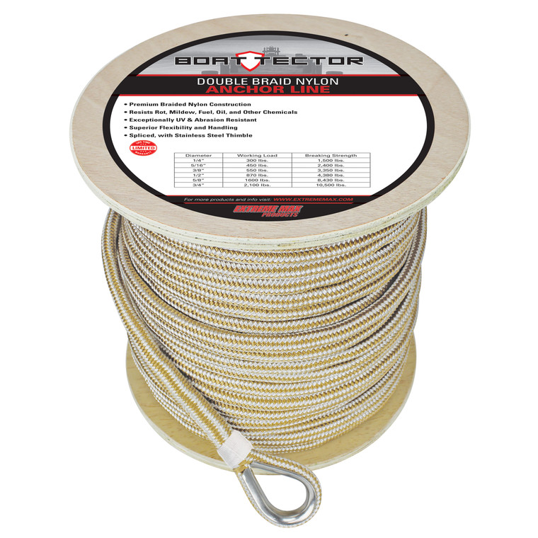 Extreme Max 3006.2279 BoatTector Premium Double Braid Nylon Anchor Line with Thimble - 5/8" x 300', White & Gold - 3006.2279