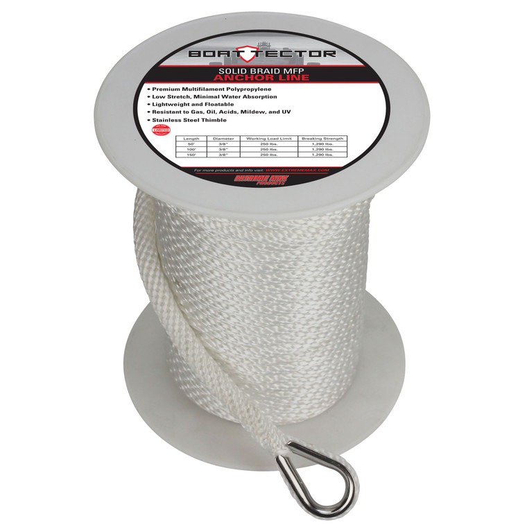 Extreme Max 3006.2288 BoatTector Solid Braid MFP Anchor Line with Thimble - 3/8" x 150', White - 3006.2288