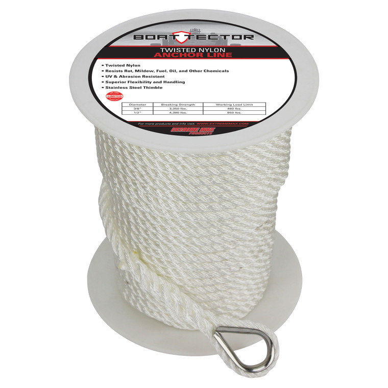 Extreme Max 3006.2294 BoatTector Twisted Nylon Anchor Line with Thimble - 3/8" x 150', White - 3006.2294