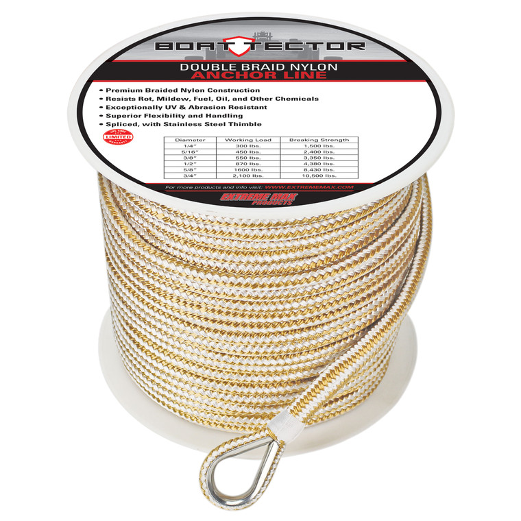 Extreme Max 3006.2347 BoatTector Premium Double Braid Nylon Anchor Line with Thimble - 3/8" x 600', White & Gold - 3006.2347