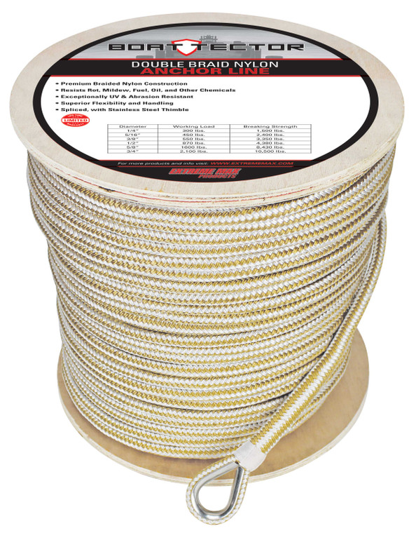 Extreme Max 3006.2376 BoatTector Premium Double Braid Nylon Anchor Line with Thimble - 1/2" x 800', White & Gold - 3006.2376