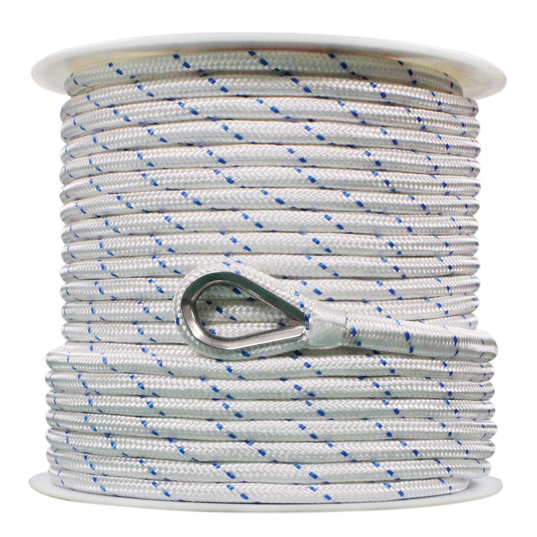 Extreme Max 3006.2517 BoatTector Double Braid Nylon Anchor Line with Thimble - 1/2" x 200', White w/ Blue Tracer - 3006.2517