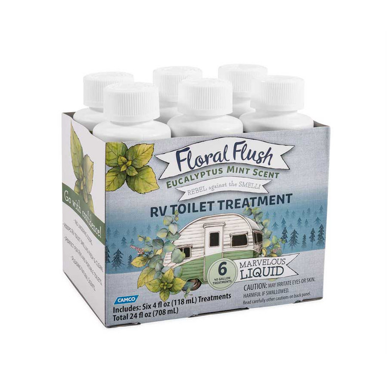 Camco 41482 Floral Flush RV Toilet Treatment Singles - Eucalyptus Mint, (6) 4 oz. Bottles - 41482