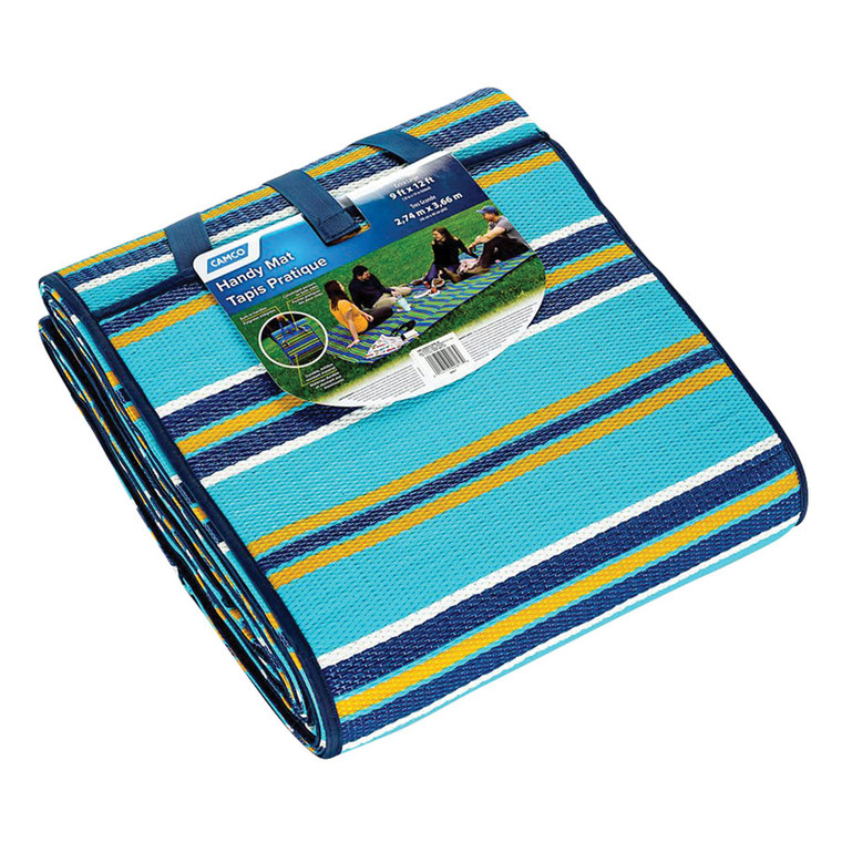 Camco 42817 Handy Mat with Strap - 9' x 12', Blue/White/Yellow - 42817
