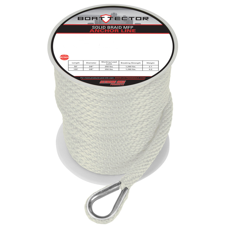 Extreme Max 3006.3458 BoatTector Solid Braid MFP Anchor Line with Thimble - 1/2" x 100', White - 3006.3458