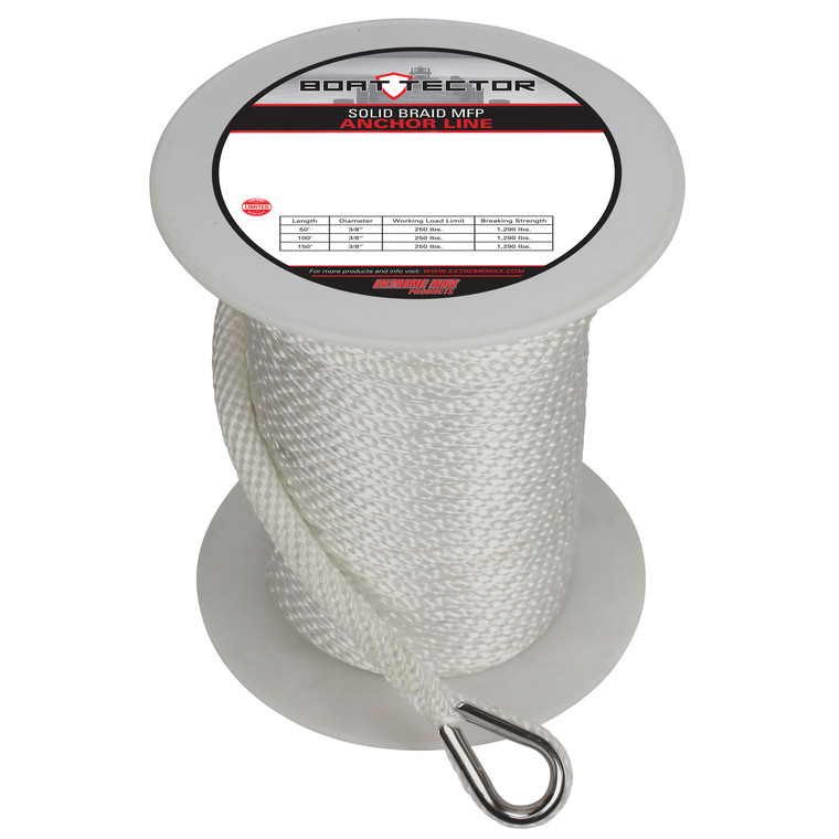 Extreme Max 3006.3462 BoatTector Solid Braid MFP Anchor Line with Thimble - 1/2" x 150', White - 3006.3462