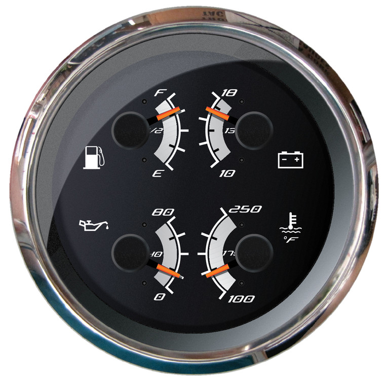 Faria F22014 Multifunction Gauge - Fuel Level, Oil Pressure (80 PSI), Water Temp (120-220F), Voltmeter (10-18 VDC), 4" - F22014