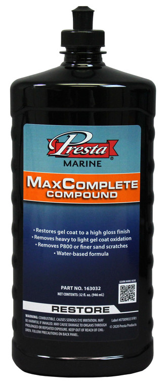 Presta 163032 MaxComplete Compound for Removing P800, Finer Sand Scratches and Light-Heavy Oxidation - 32 Oz. - 163032