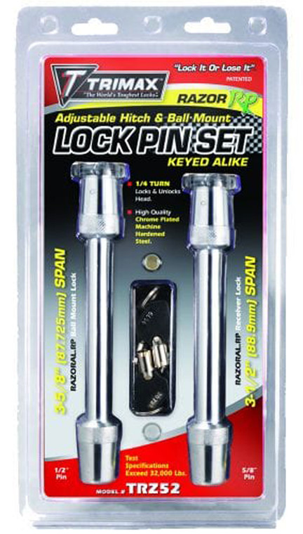 TRIMAX TRZ52 Razor Adjustable Hitch & Ball Mount Lock Pin Set - (1) 1/2" Pin x 3-5/8" Span & (1) 5/8" Pin x 3-1/2" Span - TRZ52