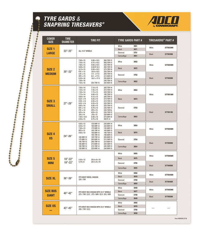 Adco - Tire Gard/cover Hanging  Fit Chart - D0048