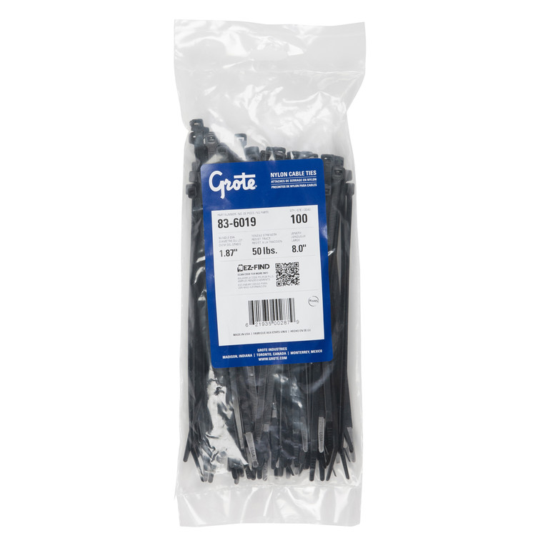 Grote 83-6019 Nylon Cable Ties - Standard Duty, 8" Length, 100 Pack - 83-6019