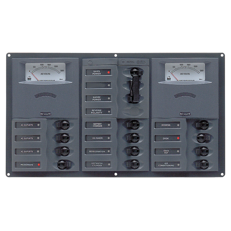 BEP AC Circuit Breaker Panel w/Analog Meters, 12SP 2DP AC230V Stainless Steel Horizonal - 900-AC3-AM BEP AC Circuit Breaker Panel w/Analog Meters, 12SP 2DP AC230V Stainless Steel Horizonal - 900-AC3-AM