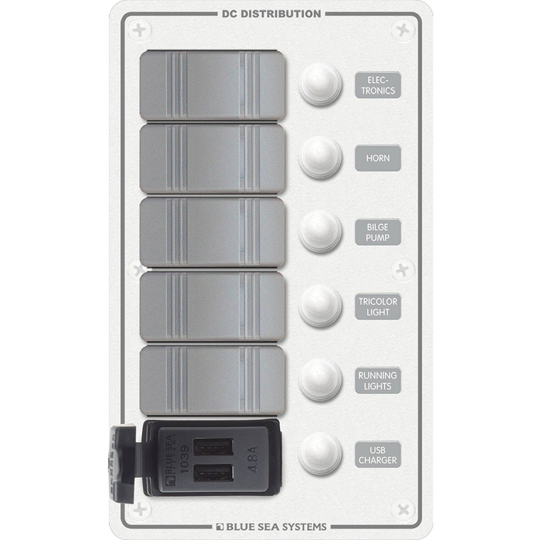 Blue Sea 8421 - 5 Position Contura Switch Panel w/Dual USB Chargers - 12/24V DC - White - 8421