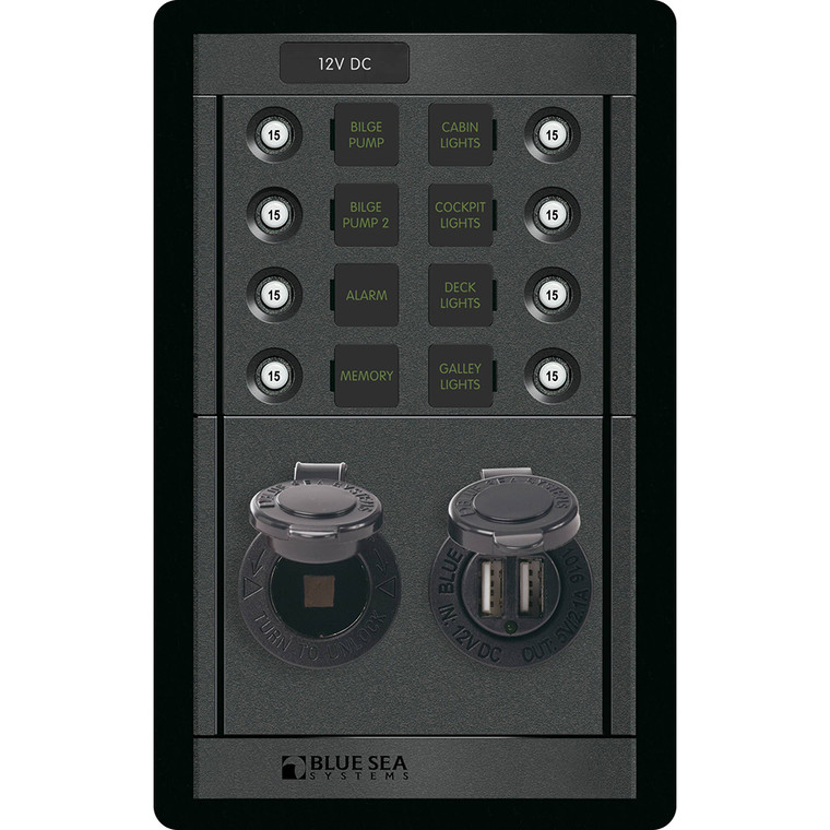 Blue Sea 1498 - 360 Panel - 8 Position 12V Panel w/Dual USB  12V Socket - 1498