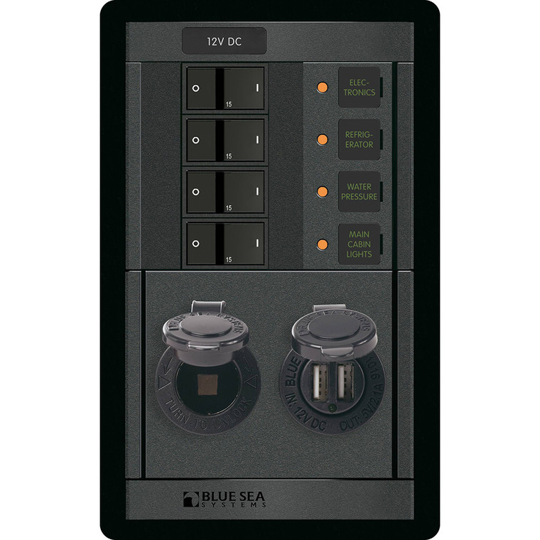 Blue Sea 1495 - 360 Panel - 4 Position 12V w/Dual USB  12V Socket - 1495