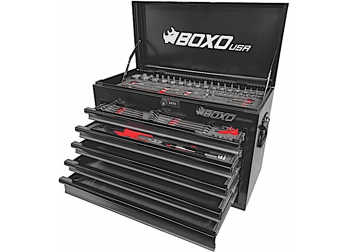 Boxo Tools - 26in 5drawer Portable Steel Tool Box W/ 103 Pc Metric Tool Set Black - MOTOBX5-BK