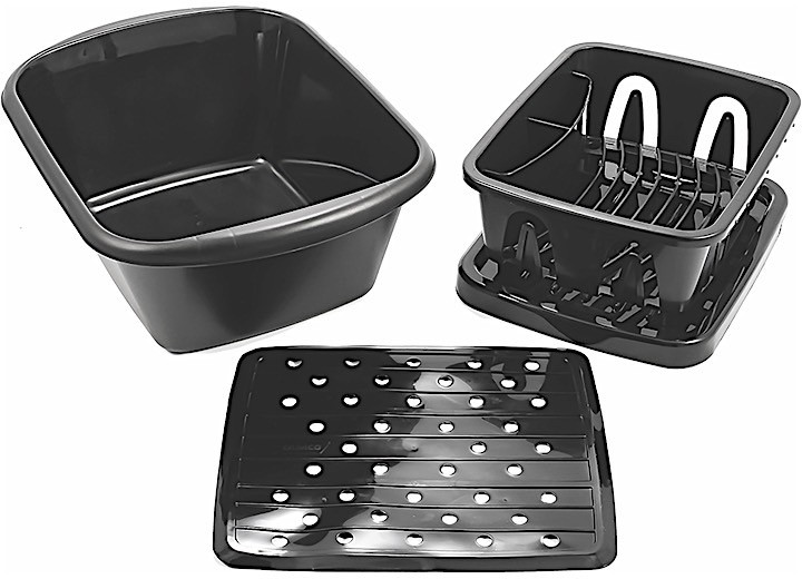 Camco - Sink Kit W/dish Drainer Dish Pan & Sink Mat Black - 43518