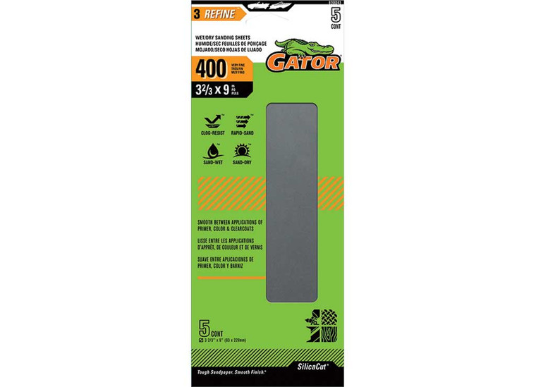 Gator Finishing - Clampon Waterproof Sanding Sheets 400 Grit 32/3 In X 9 In 5 Pk - 8266043