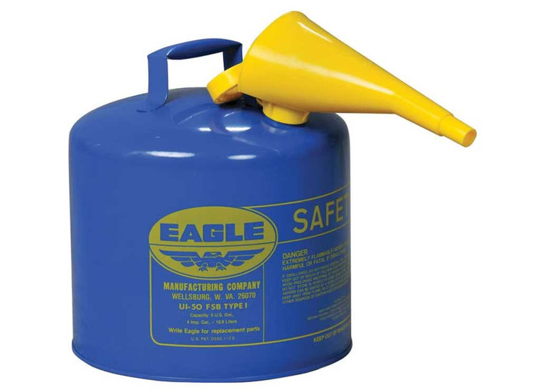 Justrite Safety - Type I Steel Safety Can For Kerosene 5 Gal W/funnel Flame Arrester Blue - UI50FSB