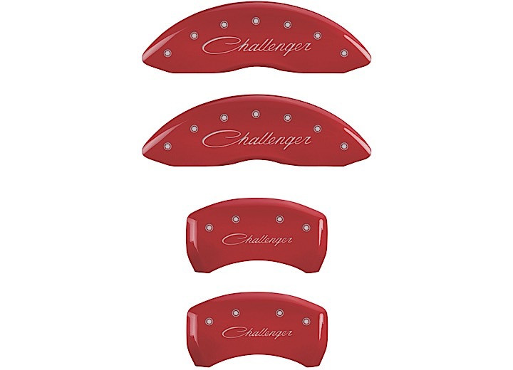 MGP Caliper Covers - Set Of 4 Caliper Covers Front And Rear: Cursive/challenger Red Silver Characters - 12001SCLSRD