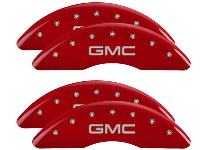 MGP Caliper Covers - Set Of 4 Caliper Covers Engraved Front/rear Gmc Silver Characters Red Powder C - 34219SGMCRD