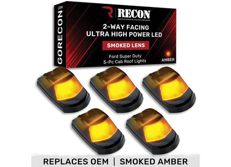 Recon - 1722 F250/f350/f450 Superduty (5 Pc Set) Smoked Cab Roof Light Lens W/amber Led - 264343BKHPAM