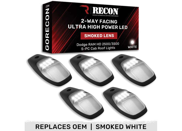 Recon - 19c Ram 2500/3500hd (5 Pc Set) Smoked Cab Roof Light Lens With 2way White Led - 264346BKHPWH