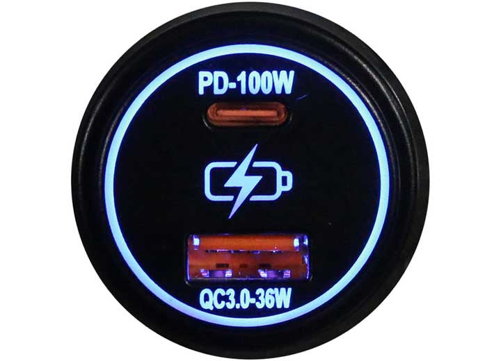 Race Sport Lighting - Round Socket Auxiliary Charging Port With Ctype Pd 100w + Atype Usb3.0 36w - RS51927B