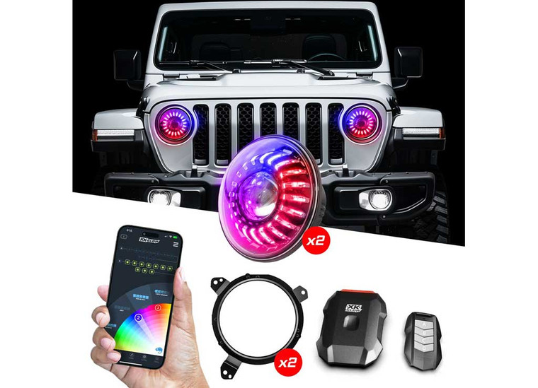 XK Glow - 19c Wrangler Jk 7in 2pc Led Headlight Kit Rgbw Led Xkchrome Bluetooth App Cntl - MX-7IN-JP-KIT-JL