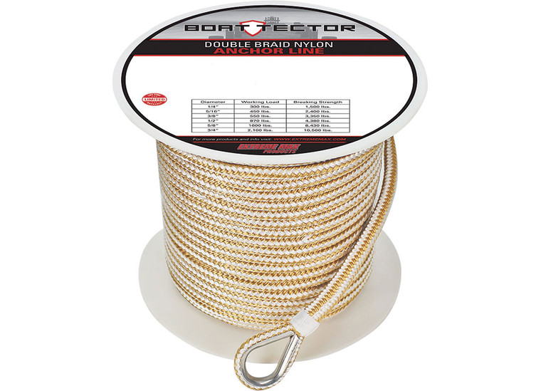 Extreme Max - Boattector Premium Double Braid Nylon Anchor Line With Thimble 3/8in X 250ft White & Gold - 3006.2252