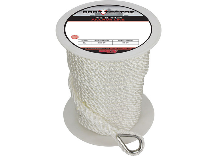Extreme Max - Boattector Twisted Nylon Anchor Line With Thimble 3/8in X 150ft White - 3006.2294