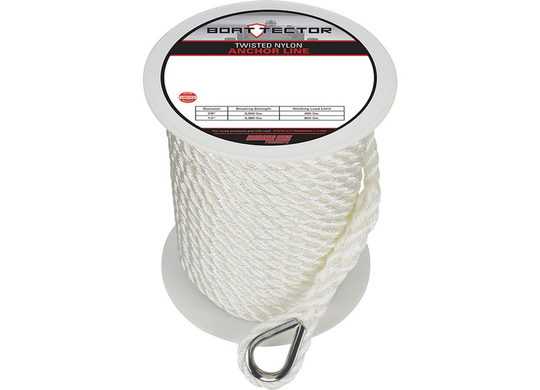 Extreme Max - Boattector Twisted Nylon Anchor Line With Thimble 1/2in X 100ft White - 3006.23