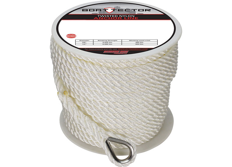 Extreme Max - Boattector Twisted Nylon Anchor Line With Thimble 1/2in X 200ft White - 3006.2306