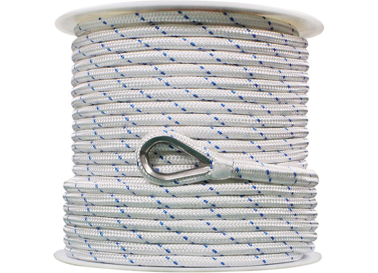 Extreme Max - Boattector Double Braid Nylon Anchor Line With Thimble 1/2in X 250ft White With Blue Tracer - 3006.2519