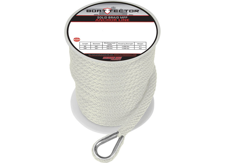 Extreme Max - Boattector Solid Braid Mfp Anchor Line With Thimble 1/2in X 100ft White - 3006.3458