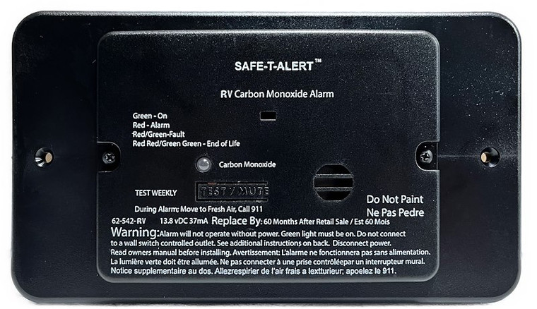 MTI Industries - Carbon Monoxide Alarm Black Flush Mount W/trim Ring 12vdc Hard Wire - 62-542-BL-TR