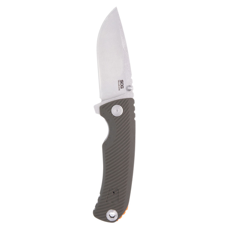 SOG Tellus ATK Flipper Knife 3.23" CRYO 440C Stonewashed Clip Point Blade OD Green GRN - 11-06-01-43
