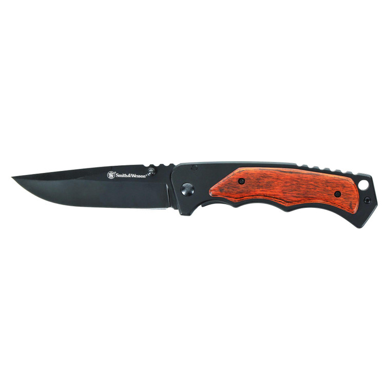 Smith & Wesson 3.7" Folding Pocket Knife (Black with Wood Overlays) - 1147091