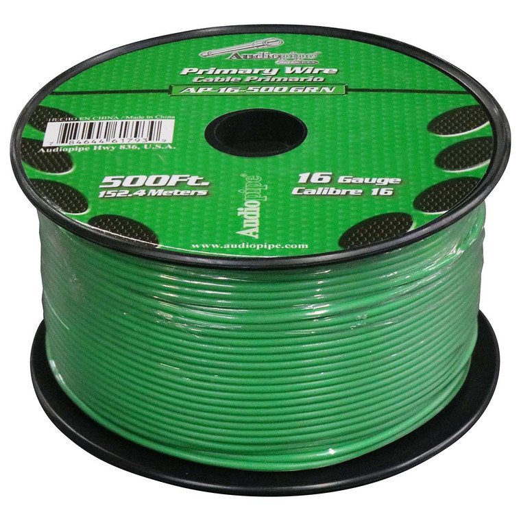 Audiopipe Primary Wire 16-Gauge 500 Foot Spool - Green - AP-16-500 GRN