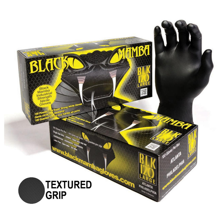 Black Mamba Black Powder Free Textured Nitrile Gloves (Large) 100 per Box - BLK-120