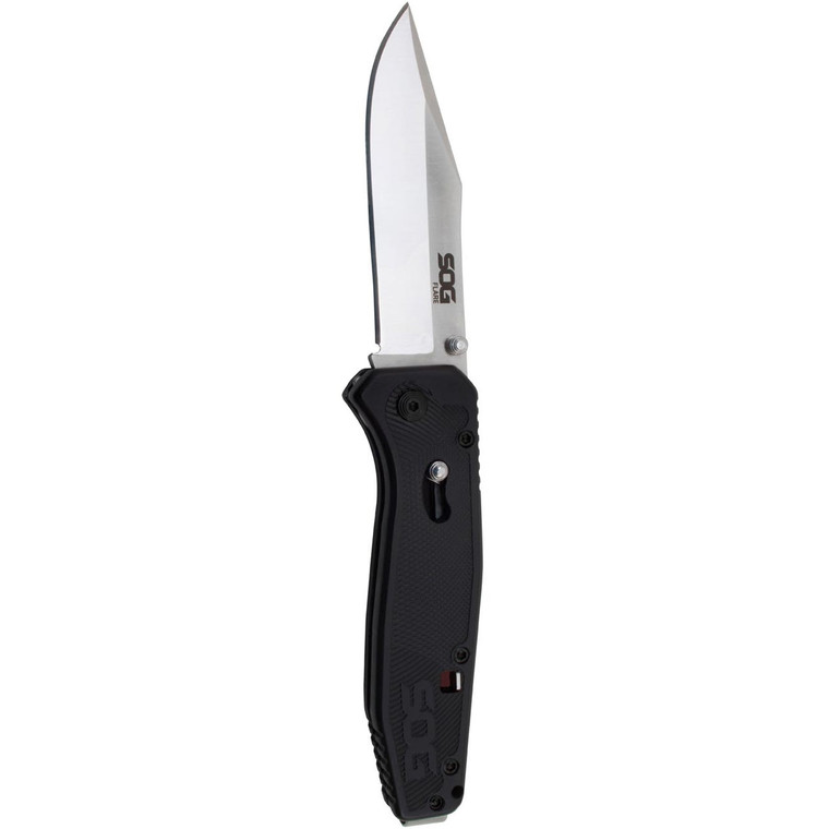 SOG Flare Assisted Folding Knife 3.5" Satin Plain Blade Black GRN Handles - FLA1001-CP