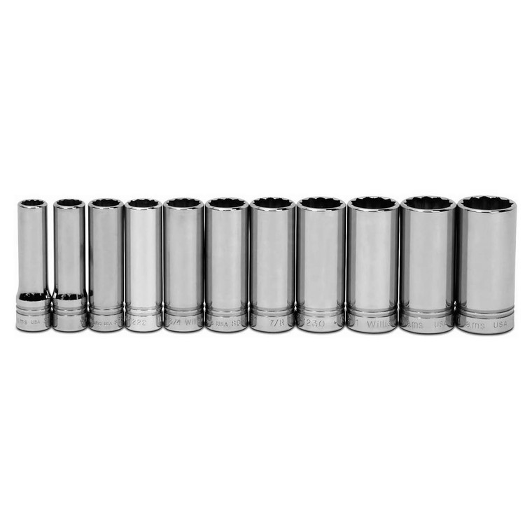 Williams 1/2" Drive Deep SAE Socket Set on Clip Rail 12-Point (11 Piece) - JHWWSSD-11RC