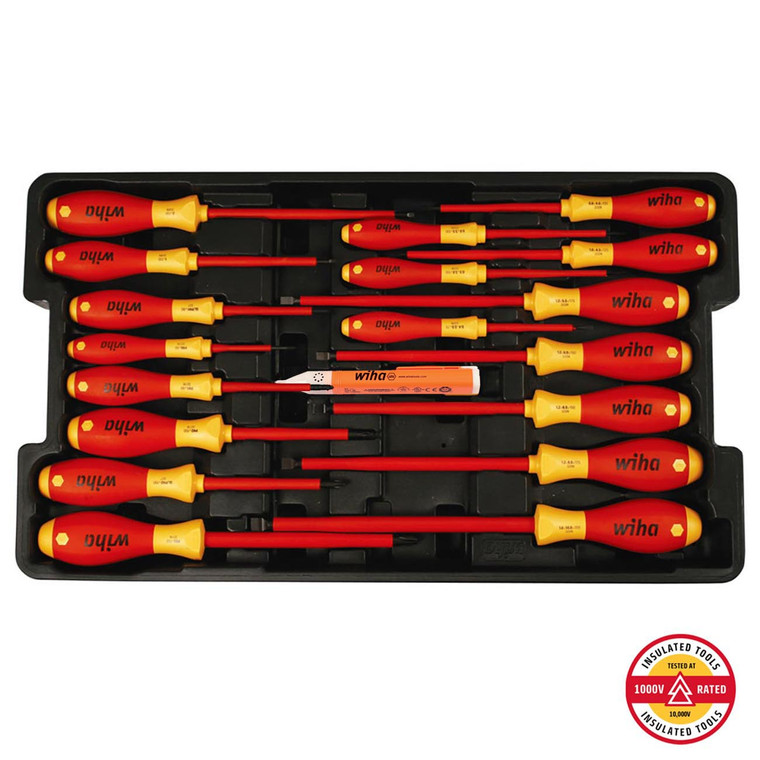 Wiha Insulated SoftFinish Screwdriver Cat III Voltage Detector Set Toolbox Tray - 19 Piece Set - 32095