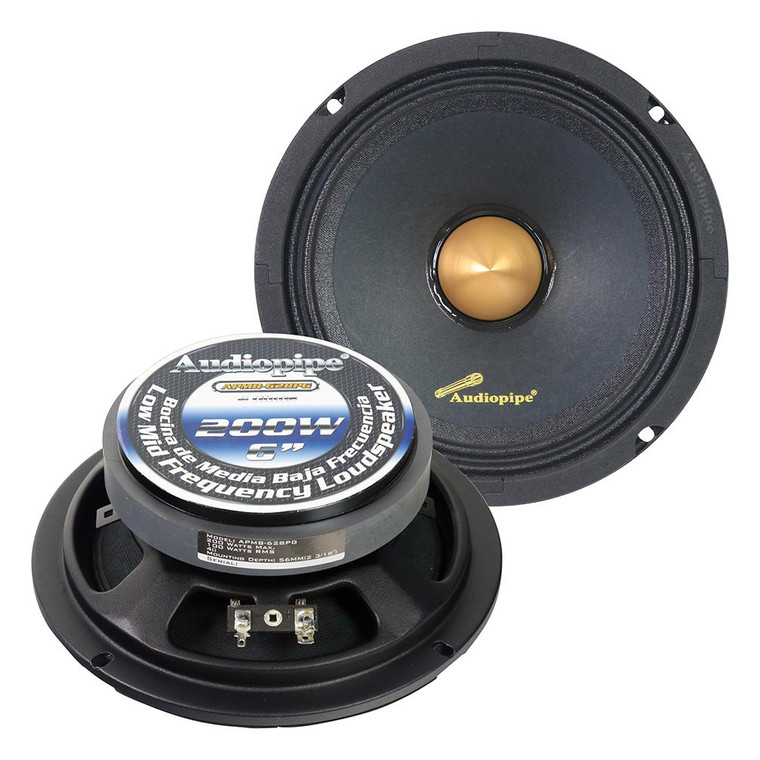 Audiopipe Low Mid Frequency Loudspeaker 6" 200W Max Each - Gold Bullet Dust Cap - APMB628PG