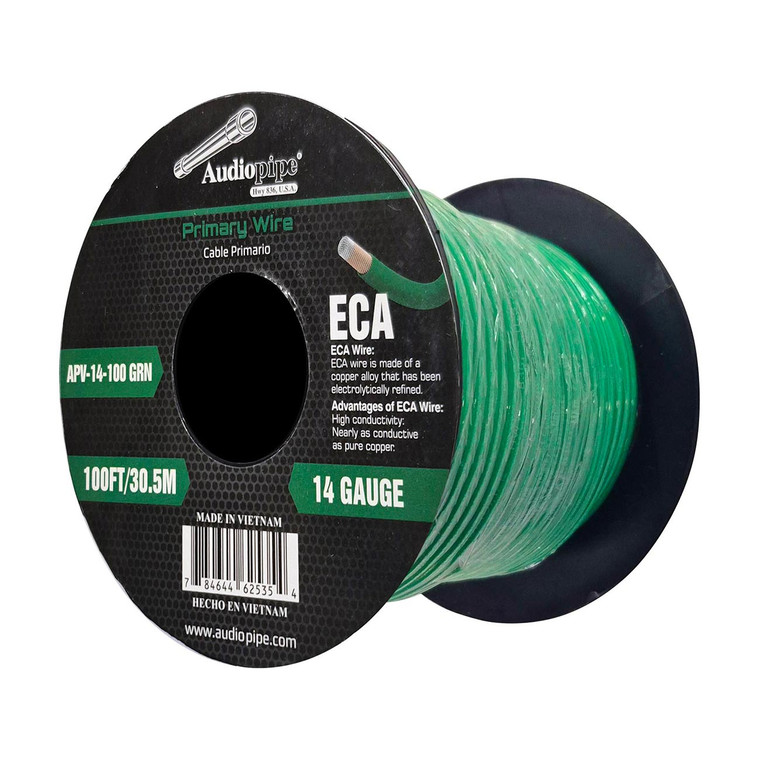 Audiopipe Flexible ECA Primary Wire 14 Gauge 100 Foot Spool Green - APV-14-100GRN